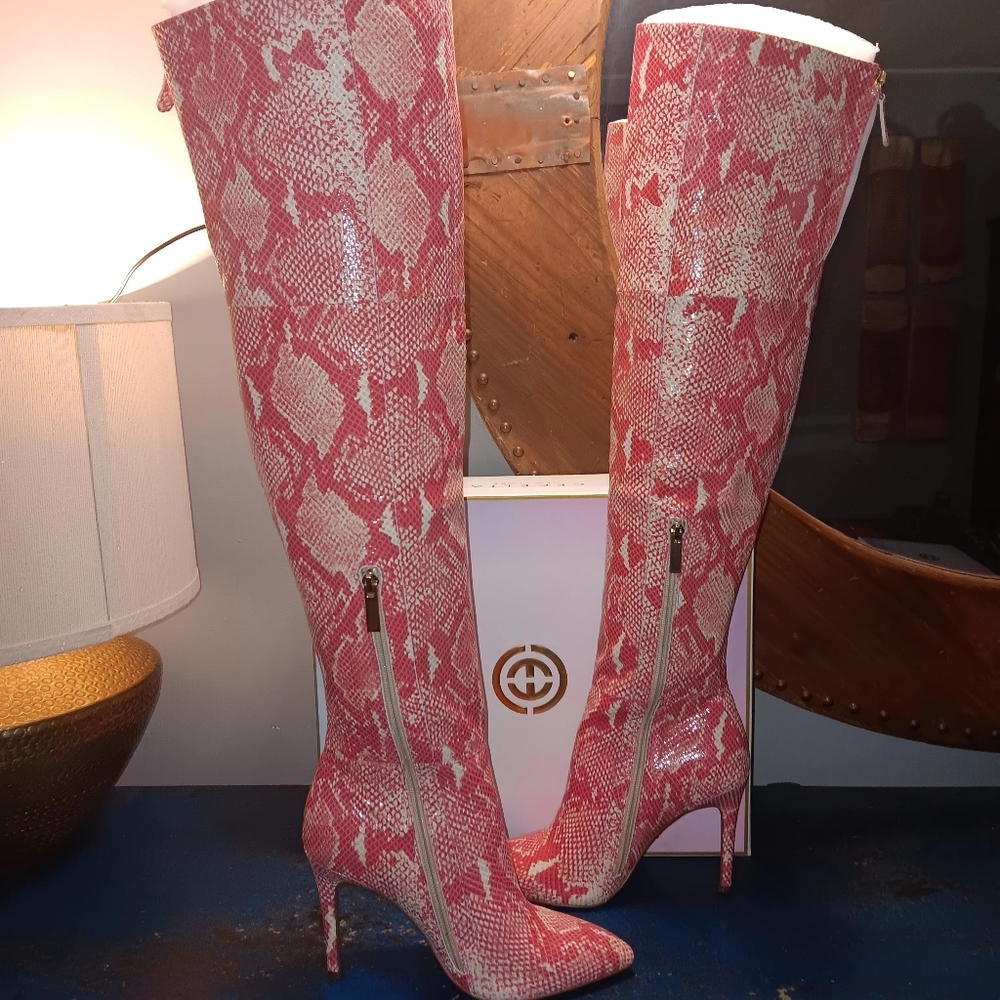 Cecelia New York Leather Pink Snake Print Women's Boots - Picture 5 of 7